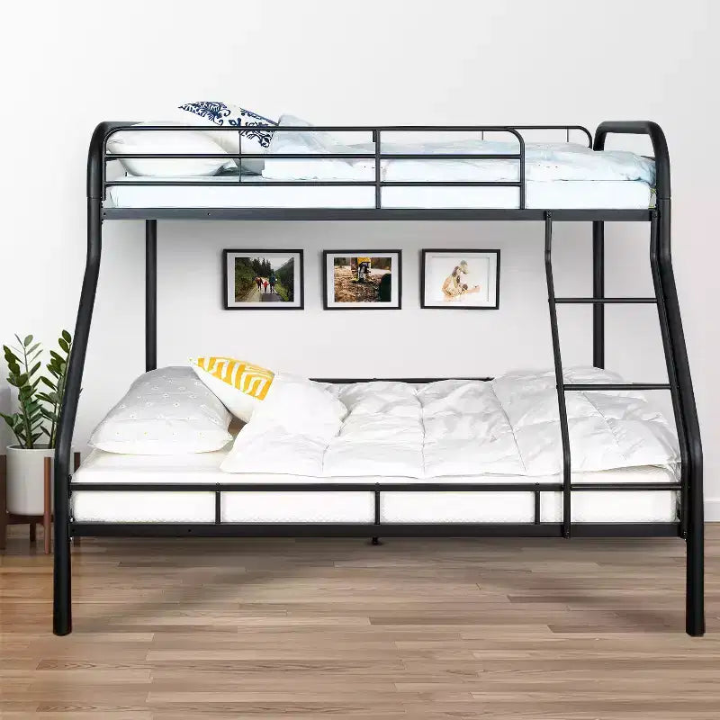 Lit superposé entièrement métallique avec conception de sécurité à faible hauteur, barrières de sécurité, échelle inclinée et rangement sous le lit