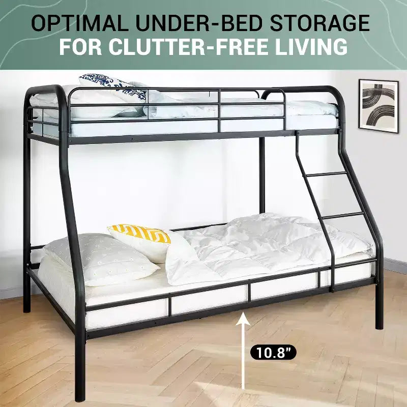 Lit superposé entièrement métallique avec conception de sécurité à faible hauteur, barrières de sécurité, échelle inclinée et rangement sous le lit