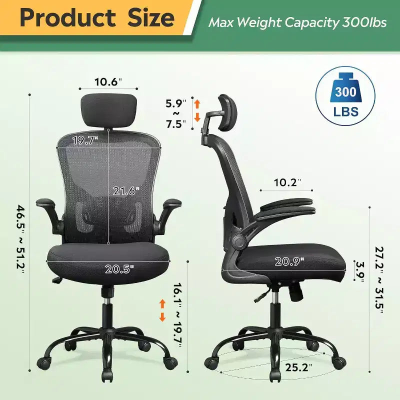 Chaise de bureau ergonomique pour utilisateurs de 1,58 m à 1,93 m, chaise de bureau informatique en maille à dossier haut avec accoudoirs relevables, chaise de bureau à domicile, Noir
