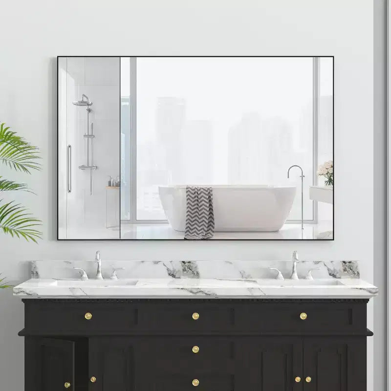 Miroir de salle de bain moderne à cadre noir : surdimensionné, en aluminium, mural, vertical/horizontal