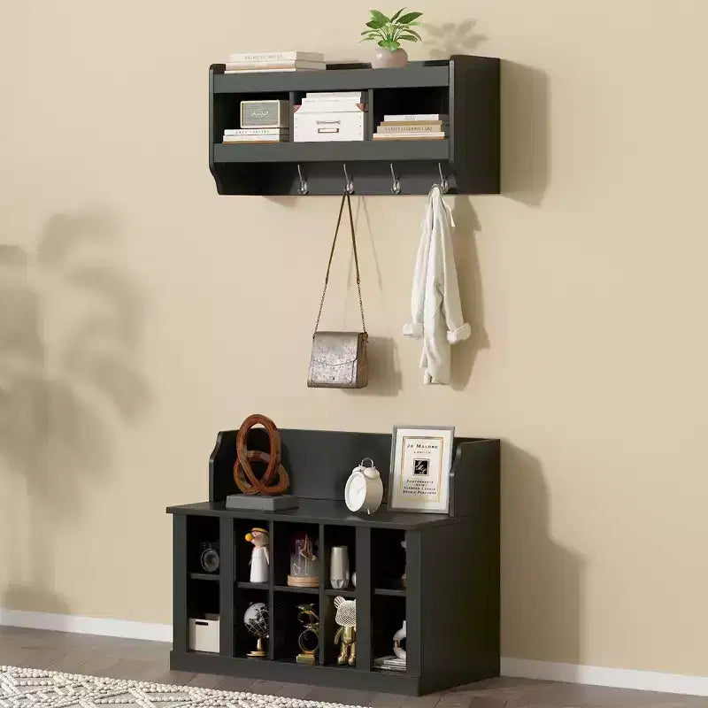 Shoe Storage Bench with 4 Hooks, Black