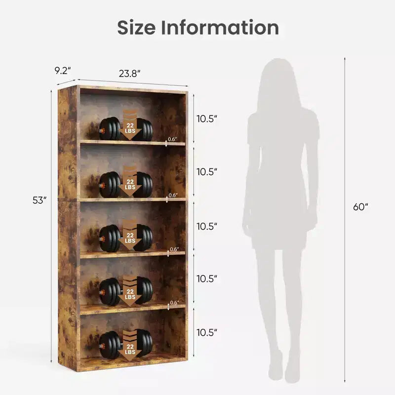 Étagère industrielle à 5 niveaux, bibliothèque ouverte de 134 cm de haut sur pied pour un rangement généreux - Design robuste et rustique