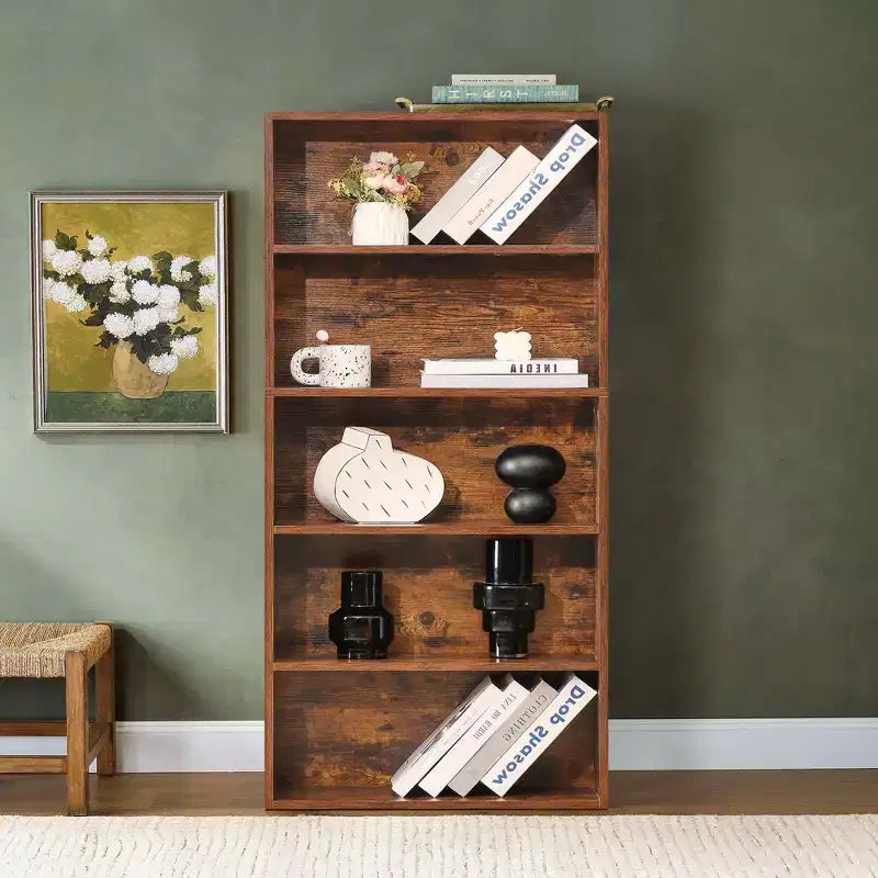 Étagère industrielle à 5 niveaux, bibliothèque ouverte de 134 cm de haut sur pied pour un rangement généreux - Design robuste et rustique