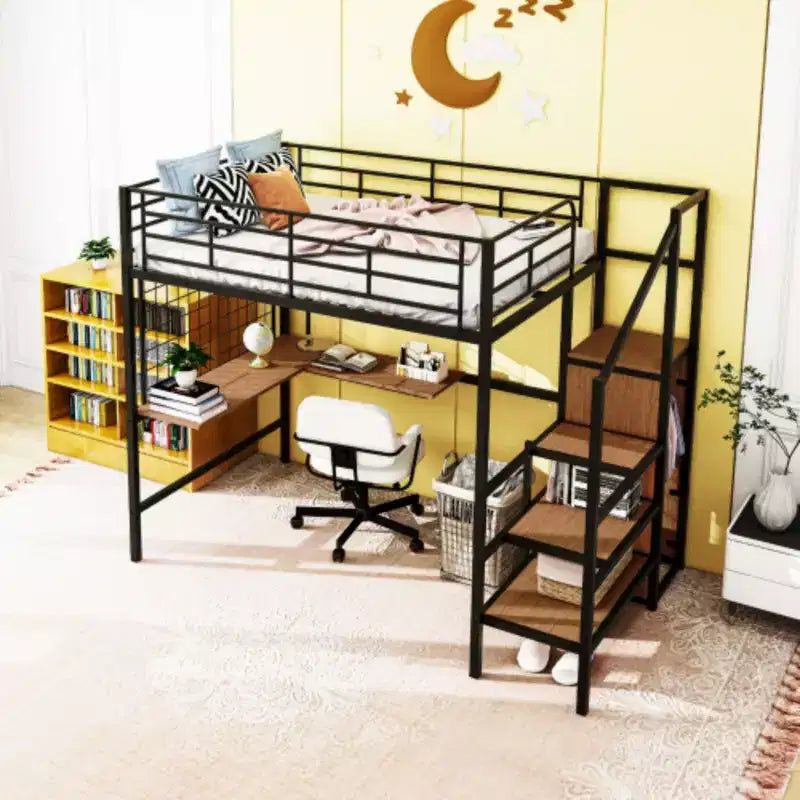 Lit mezzanine pleine grandeur complet : Métal, bureau, grille, armoire, échelle de rangement