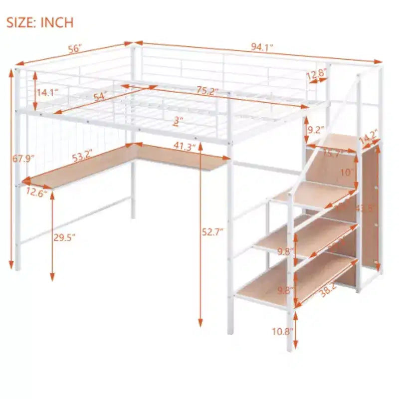 Lit mezzanine pleine grandeur complet : Métal, bureau, grille, armoire, échelle de rangement