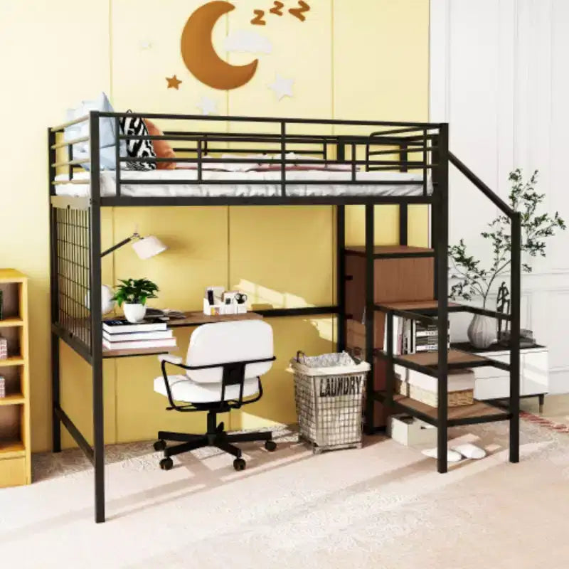 Comprehensive Full Size Loft Bed: Metal, Desk, Grid, Wardrobe, Storage Ladder