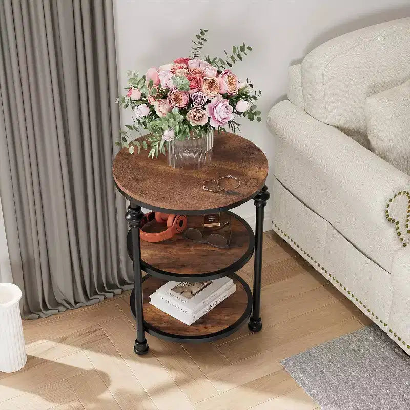 Table d'appoint ronde à 3 niveaux avec cadre métallique, table de chevet rustique pour salon et chambre à coucher, design industriel
