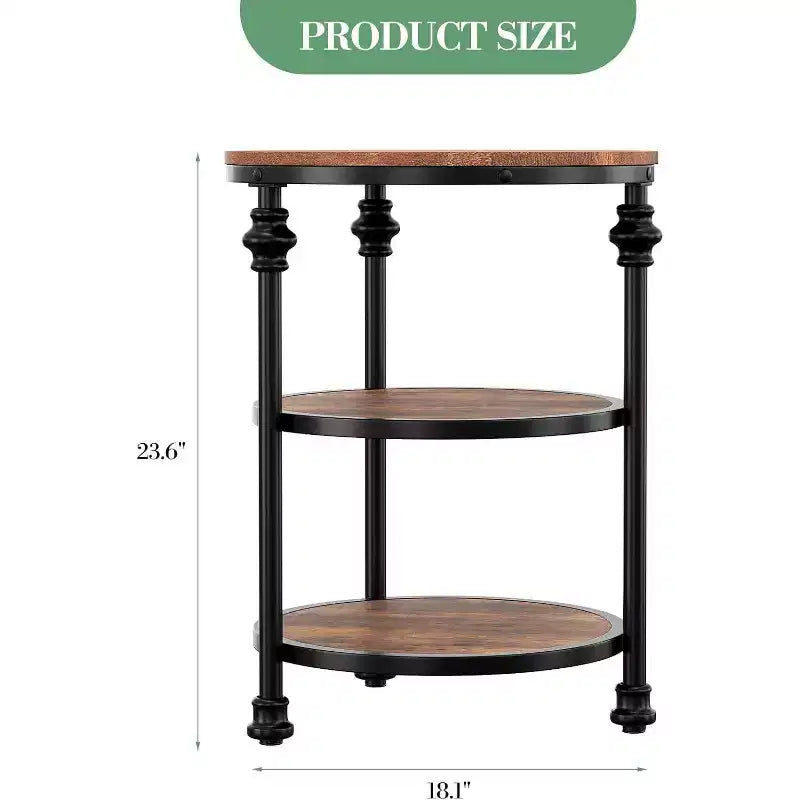 Table d'appoint ronde à 3 niveaux avec cadre métallique, table de chevet rustique pour salon et chambre à coucher, design industriel