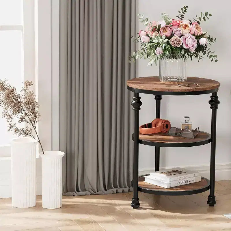 Table d'appoint ronde à 3 niveaux avec cadre métallique, table de chevet rustique pour salon et chambre à coucher, design industriel