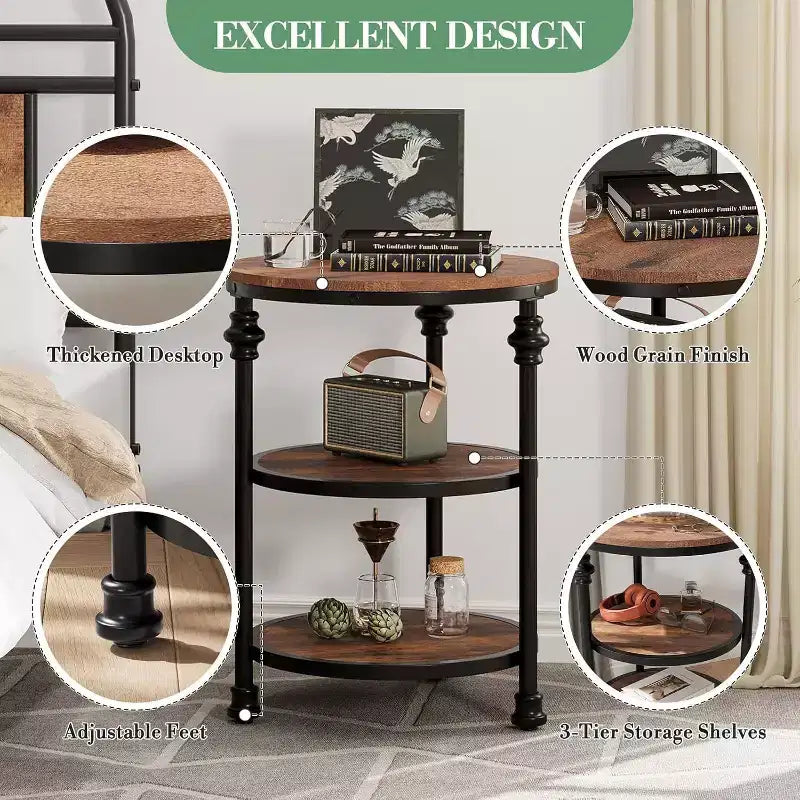 Table d'appoint ronde à 3 niveaux avec cadre métallique, table de chevet rustique pour salon et chambre à coucher, design industriel