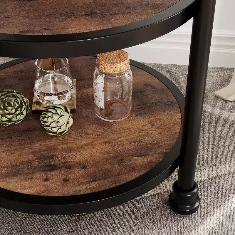 Table d'appoint ronde à 3 niveaux avec cadre métallique, table de chevet rustique pour salon et chambre à coucher, design industriel