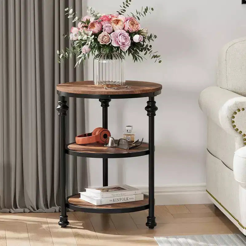 Table d'appoint ronde à 3 niveaux avec cadre métallique, table de chevet rustique pour salon et chambre à coucher, design industriel