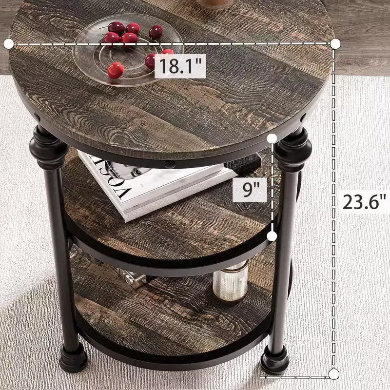 Table d'appoint ronde à 3 niveaux avec cadre métallique, table de chevet rustique pour salon et chambre à coucher, design industriel