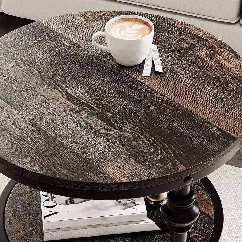 Table d'appoint ronde à 3 niveaux avec cadre métallique, table de chevet rustique pour salon et chambre à coucher, design industriel