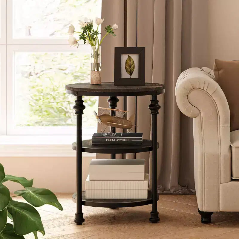Table d'appoint ronde à 3 niveaux avec cadre métallique, table de chevet rustique pour salon et chambre à coucher, design industriel
