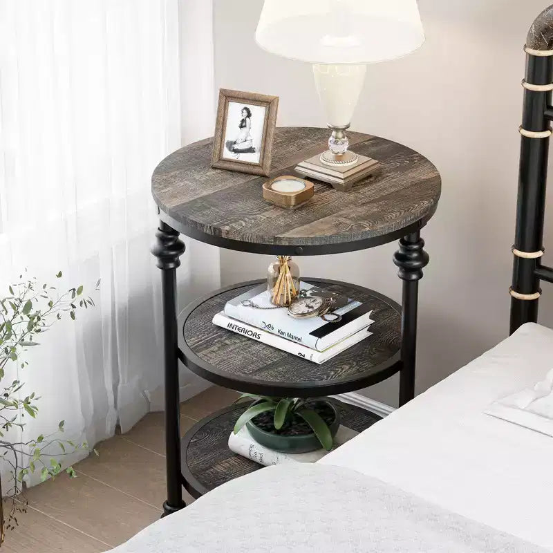 Table d'appoint ronde à 3 niveaux avec cadre métallique, table de chevet rustique pour salon et chambre à coucher, design industriel