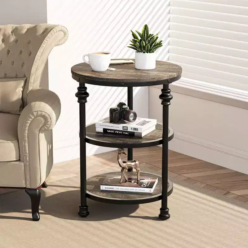 Table d'appoint ronde à 3 niveaux avec cadre métallique, table de chevet rustique pour salon et chambre à coucher, design industriel