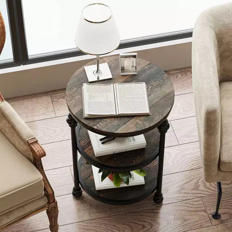 Table d'appoint ronde à 3 niveaux avec cadre métallique, table de chevet rustique pour salon et chambre à coucher, design industriel