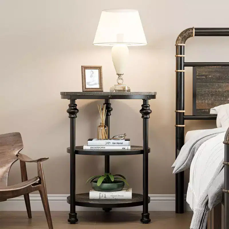 Acekool 3-Tier Round End Table with Metal Frame, Rustic Bedside Table for Living Room & Bedroom, Industrial Design