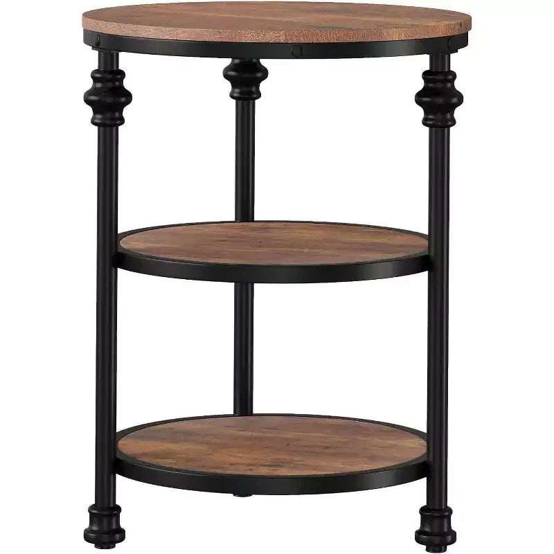 Table d'appoint ronde à 3 niveaux avec cadre métallique, table de chevet rustique pour salon et chambre à coucher, design industriel