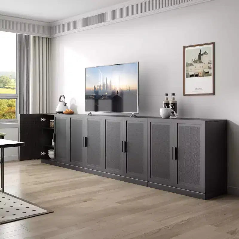 31x124x16 Wood Grain Buffet Cabinet in Black, Storage Organizer with Adjustable Shelves and Rattan Doors for Kitchen Bedroom Living/Dinning Room