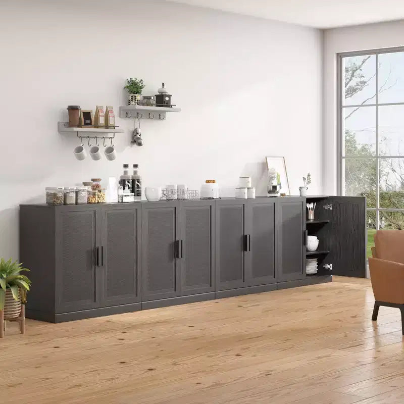 Meuble buffet en bois noir 31x124x16, organisateur de rangement avec étagères réglables et portes en rotin pour cuisine, chambre, salon/salle à manger