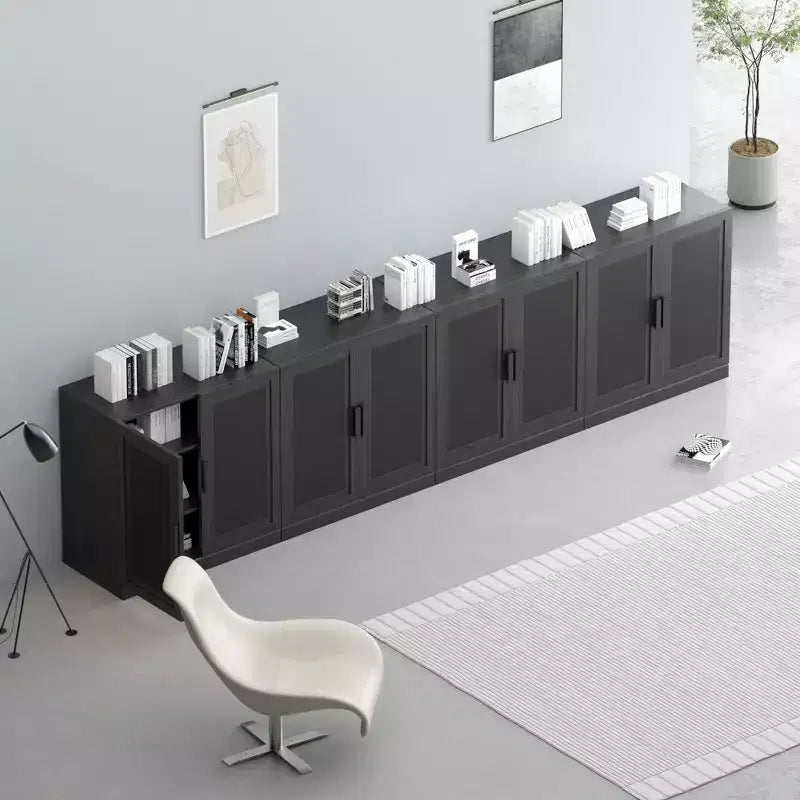 Meuble buffet en bois noir 31x124x16, organisateur de rangement avec étagères réglables et portes en rotin pour cuisine, chambre, salon/salle à manger