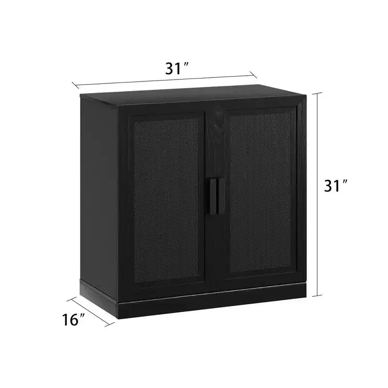 Meuble buffet en bois noir 31x124x16, organisateur de rangement avec étagères réglables et portes en rotin pour cuisine, chambre, salon/salle à manger