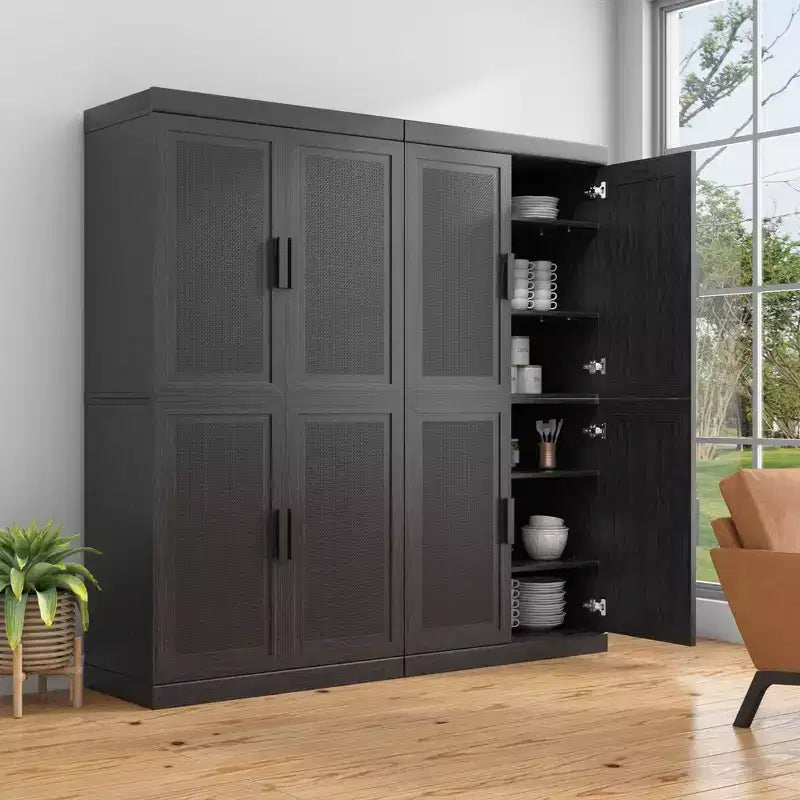 Meuble buffet en bois noir 31x124x16, organisateur de rangement avec étagères réglables et portes en rotin pour cuisine, chambre, salon/salle à manger