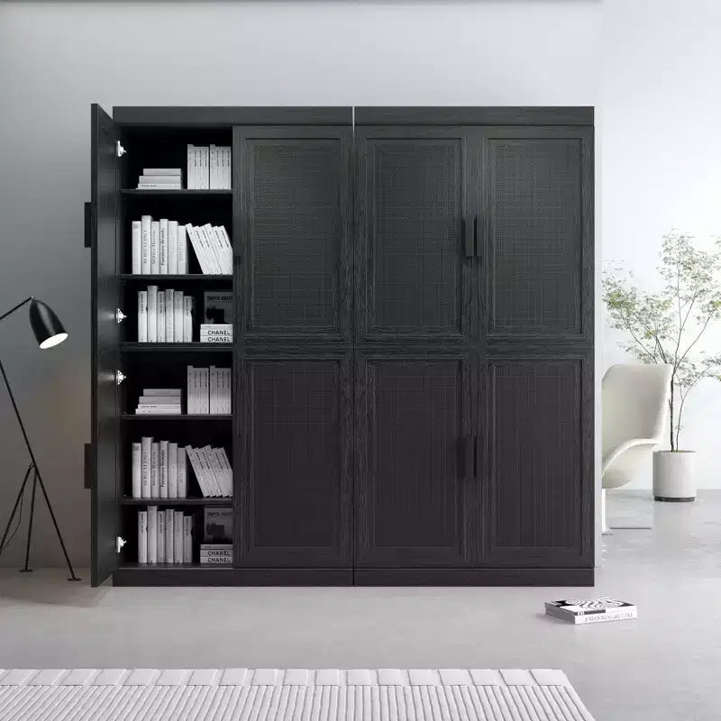 Meuble buffet en bois noir 31x124x16, organisateur de rangement avec étagères réglables et portes en rotin pour cuisine, chambre, salon/salle à manger
