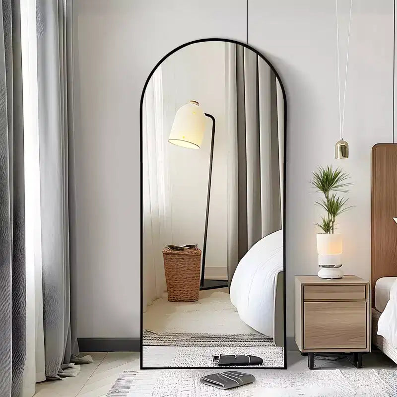 Miroir en pied cintré 71x31, Miroir pleine longueur encadré en alliage d'aluminium noir mince pour salle de bain, chambre à coucher, salon/dressing avec support