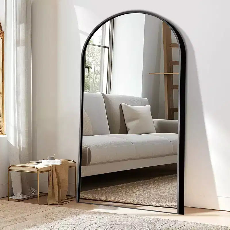 Miroir en pied cintré 71x31, Miroir pleine longueur encadré en alliage d'aluminium noir mince pour salle de bain, chambre à coucher, salon/dressing avec support