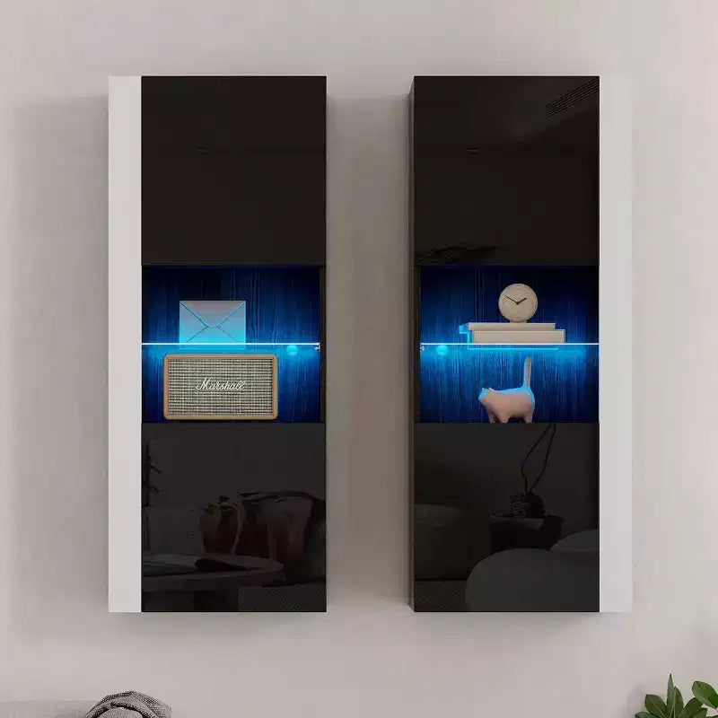AMERLIFE Wall Storage Cabinets with LED Lights, Modern Hanging Cabinets for Living Room/Bedroom, Set of 2