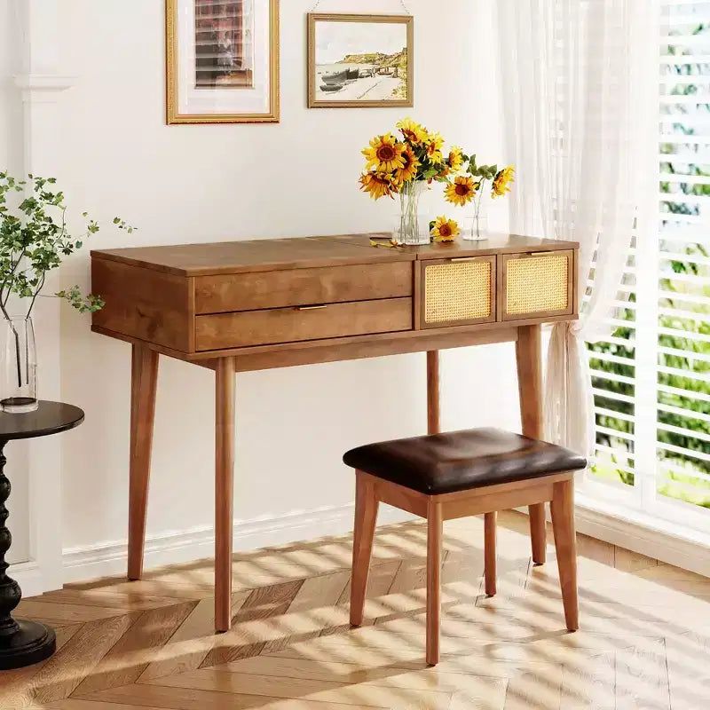 43.3 Classic Wood Makeup Vanity Set with Flip-top Mirror and Stool, Dressing Table with Three Drawers and storage space, Brown
