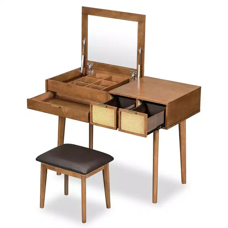 Coiffeuse classique en bois de 43,3 po avec miroir rabattable et tabouret, table de maquillage avec trois tiroirs et espace de rangement, Marron