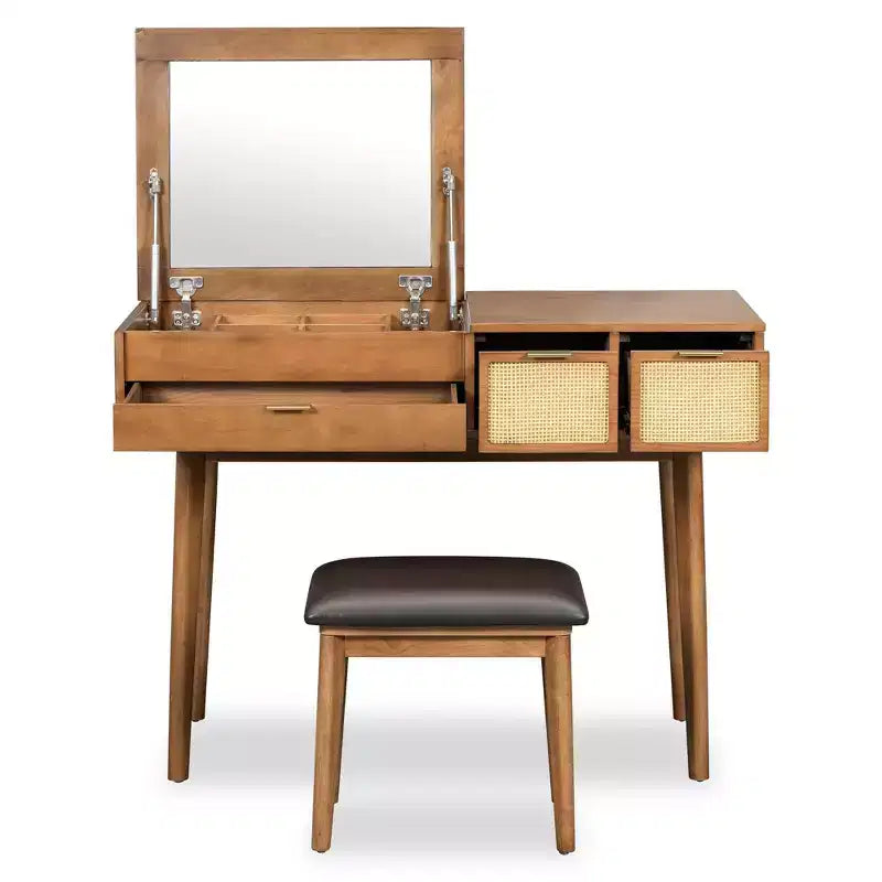 Coiffeuse classique en bois de 43,3 po avec miroir rabattable et tabouret, table de maquillage avec trois tiroirs et espace de rangement, Marron