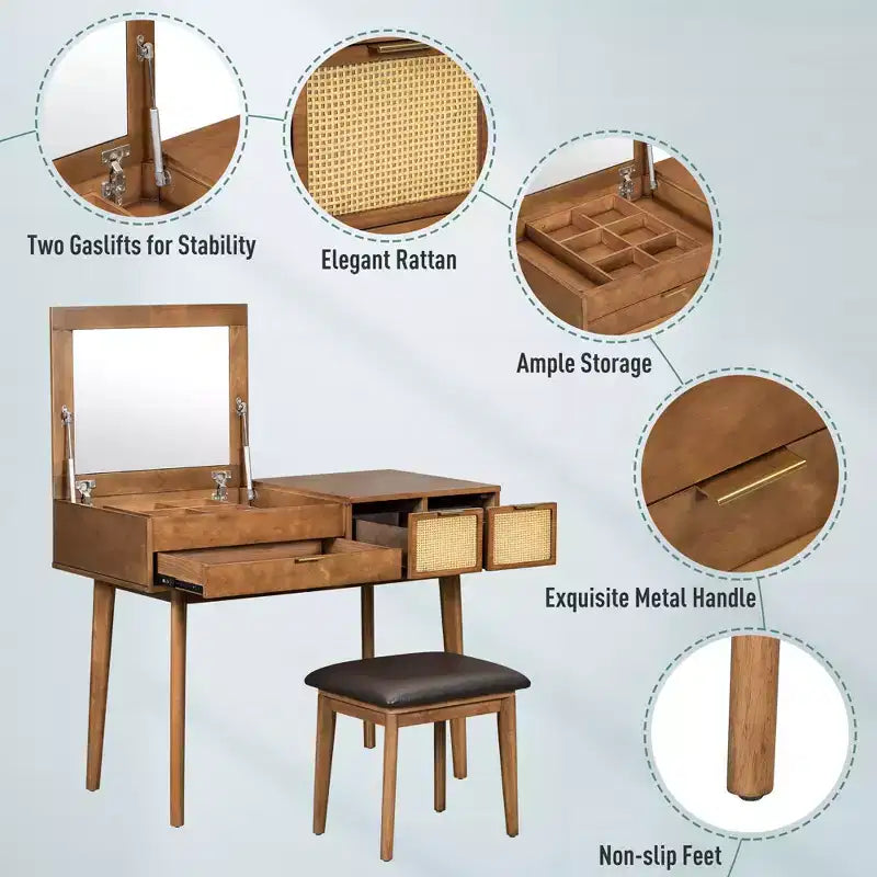 Coiffeuse classique en bois de 43,3 po avec miroir rabattable et tabouret, table de maquillage avec trois tiroirs et espace de rangement, Marron