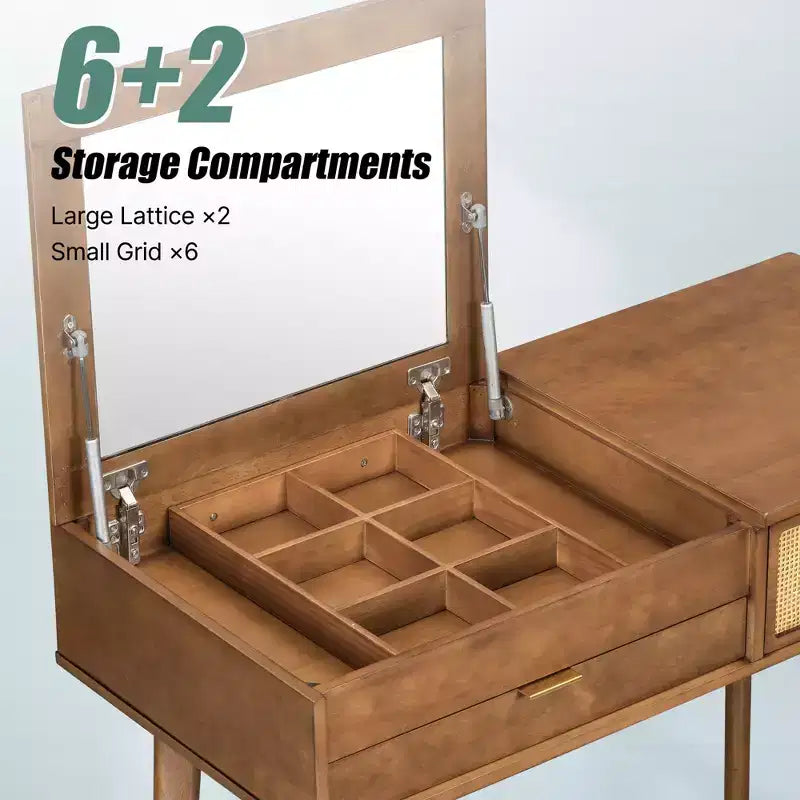 Coiffeuse classique en bois de 43,3 po avec miroir rabattable et tabouret, table de maquillage avec trois tiroirs et espace de rangement, Marron