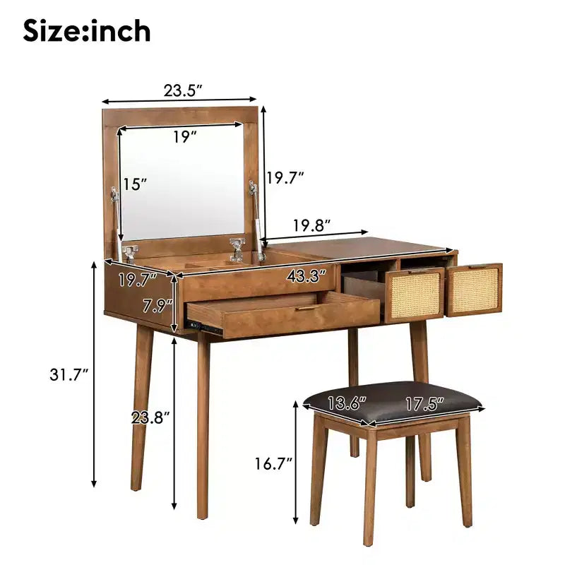 Coiffeuse classique en bois de 43,3 po avec miroir rabattable et tabouret, table de maquillage avec trois tiroirs et espace de rangement, Marron
