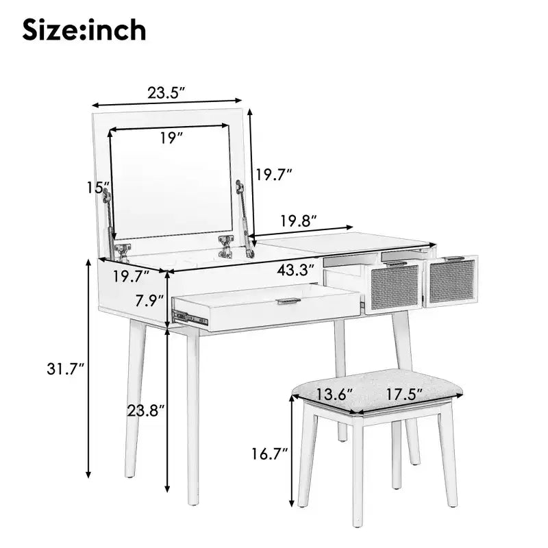 Coiffeuse classique en bois de 43,3 po avec miroir rabattable et tabouret, table de maquillage avec trois tiroirs et espace de rangement, Marron