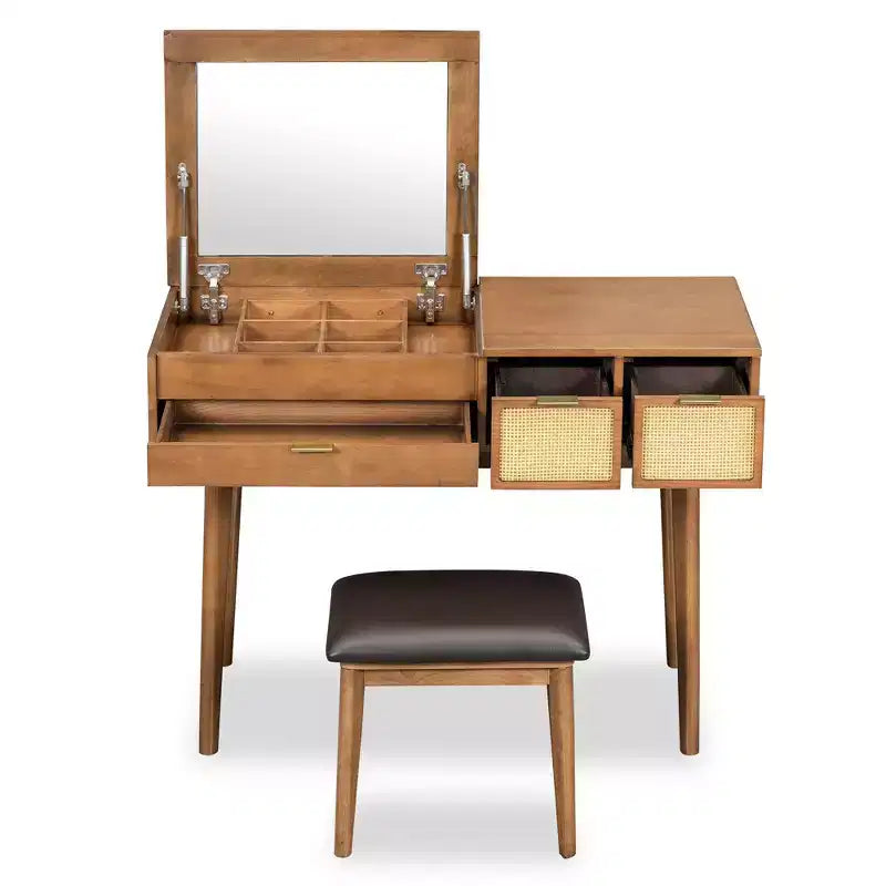 Coiffeuse classique en bois de 43,3 po avec miroir rabattable et tabouret, table de maquillage avec trois tiroirs et espace de rangement, Marron
