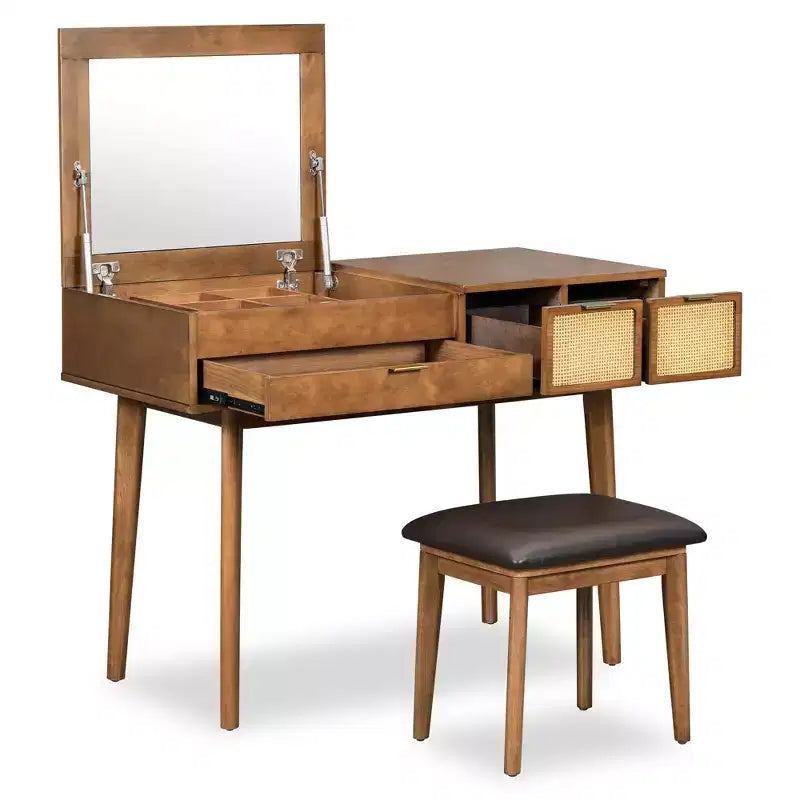Coiffeuse classique en bois de 43,3 po avec miroir rabattable et tabouret, table de maquillage avec trois tiroirs et espace de rangement, Marron