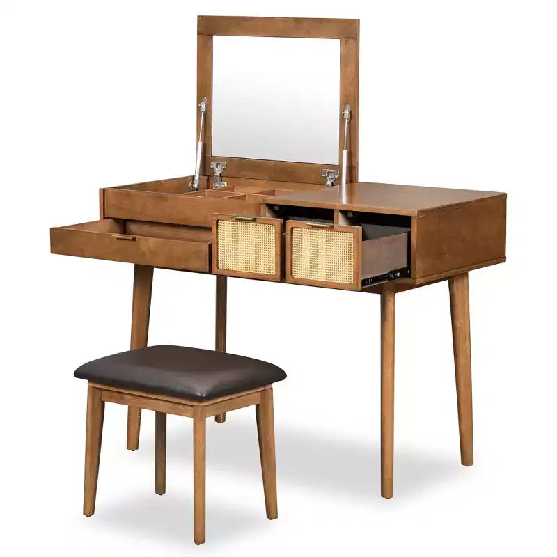 Coiffeuse classique en bois de 43,3 po avec miroir rabattable et tabouret, table de maquillage avec trois tiroirs et espace de rangement, Marron