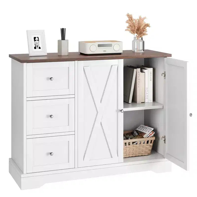 42 Farmhouse Buffet Cabinet with Storage, Coffee Bar Cabinet with 3 Drawers, Sideboard for Kitchen Dining Living Room, White