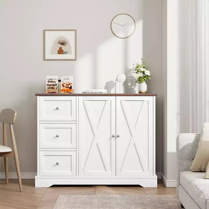 Buffet de ferme de 42 po avec rangement, meuble de bar à café avec 3 tiroirs, buffet pour cuisine, salle à manger, salon, blanc