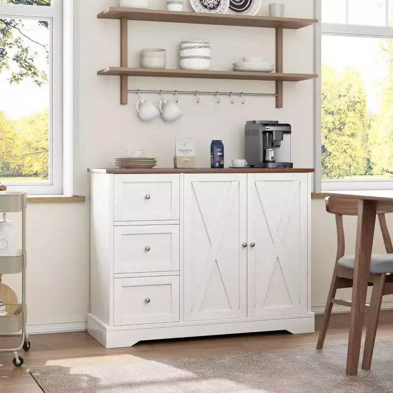Buffet de ferme de 42 po avec rangement, meuble de bar à café avec 3 tiroirs, buffet pour cuisine, salle à manger, salon, blanc