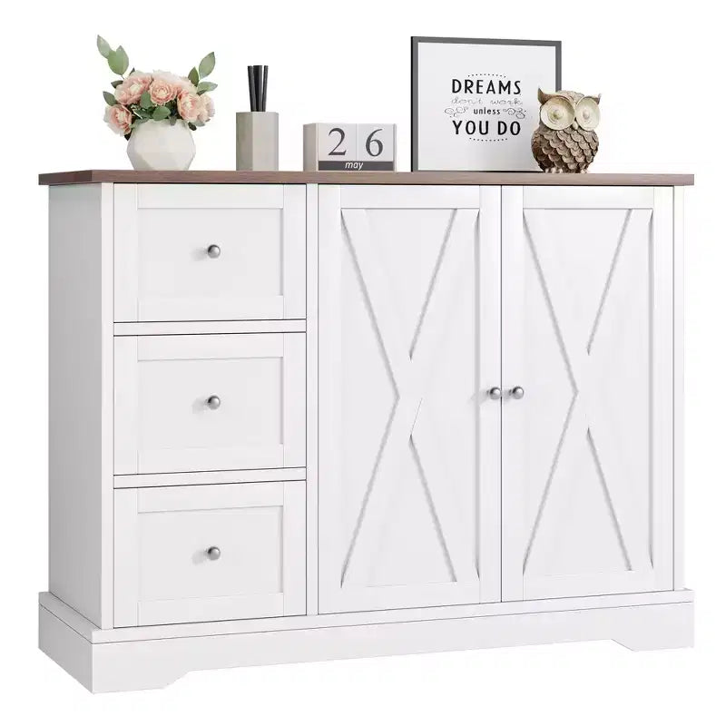 Buffet de ferme de 42 po avec rangement, meuble de bar à café avec 3 tiroirs, buffet pour cuisine, salle à manger, salon, blanc