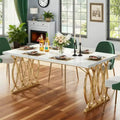 MAYEERTY 63 Inch Dining Table, 4-6 Seater White Faux Marble Top Gold Steel Frame Kitchen Table with Adjustable Feet