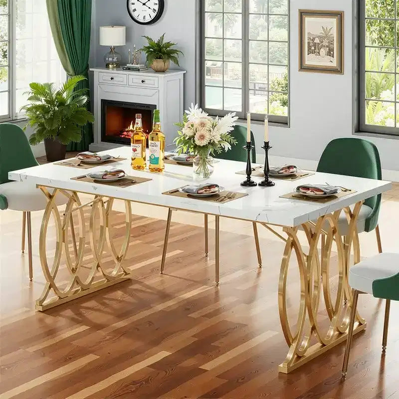 MAYEERTY 63 Inch Dining Table, 4-6 Seater White Faux Marble Top Gold Steel Frame Kitchen Table with Adjustable Feet