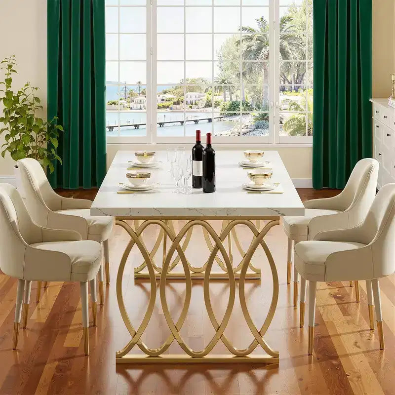 Table à manger de 160 cm, plateau en faux marbre blanc pour 4 à 6 personnes, piètement en acier doré, avec pieds réglables